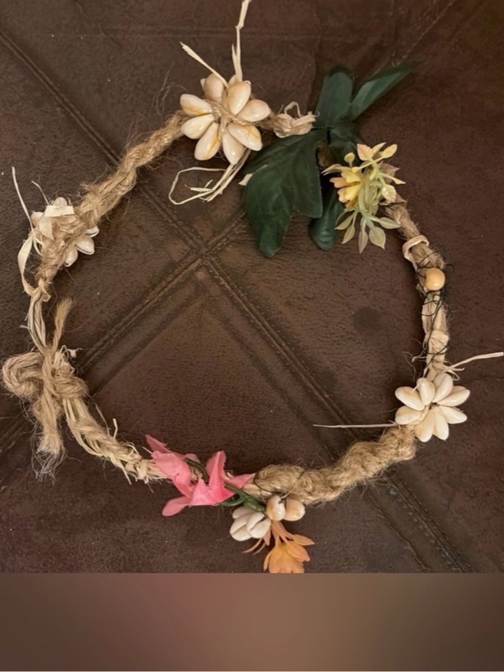Handmade Floral Rope Headband - Natural with Pink & Cream Accents